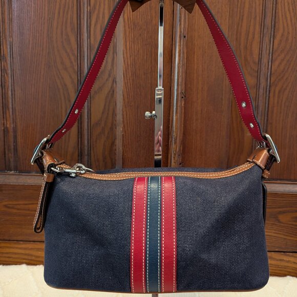 VINTAGE Coach Denim Shoulder Bag with Red Stripes And Brown Accents - Picture 1 of 11